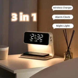 Wireless Charging Table Lamp With Clock Night, All-In-One Alarm Clock, Wireless Charging Station, Night Light, Desk Lamp, Fast Charging Pad, Digital Clock