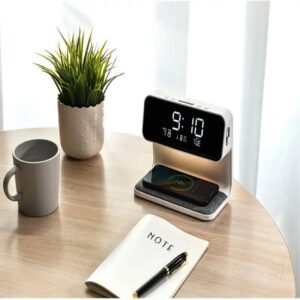 Wireless Charging Table Lamp With Clock Night, All-In-One Alarm Clock, Wireless Charging Station, Night Light, Desk Lamp, Fast Charging Pad, Digital Clock